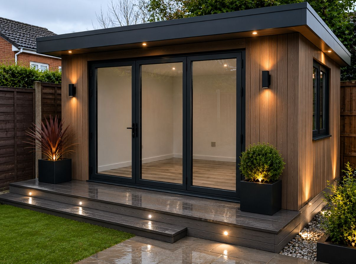 Modern fully insulated garden office with timber cladding, dark grey trim, bi-fold doors and integrated deck lighting at dusk — built by LEWZ Property Development