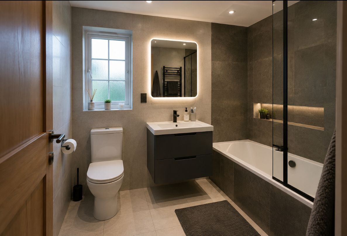 Finished bathroom renovation with large-format grey tiles, floating vanity, backlit mirror and bath with black framed screen — example of bathroom renovations by LEWZ Property Development