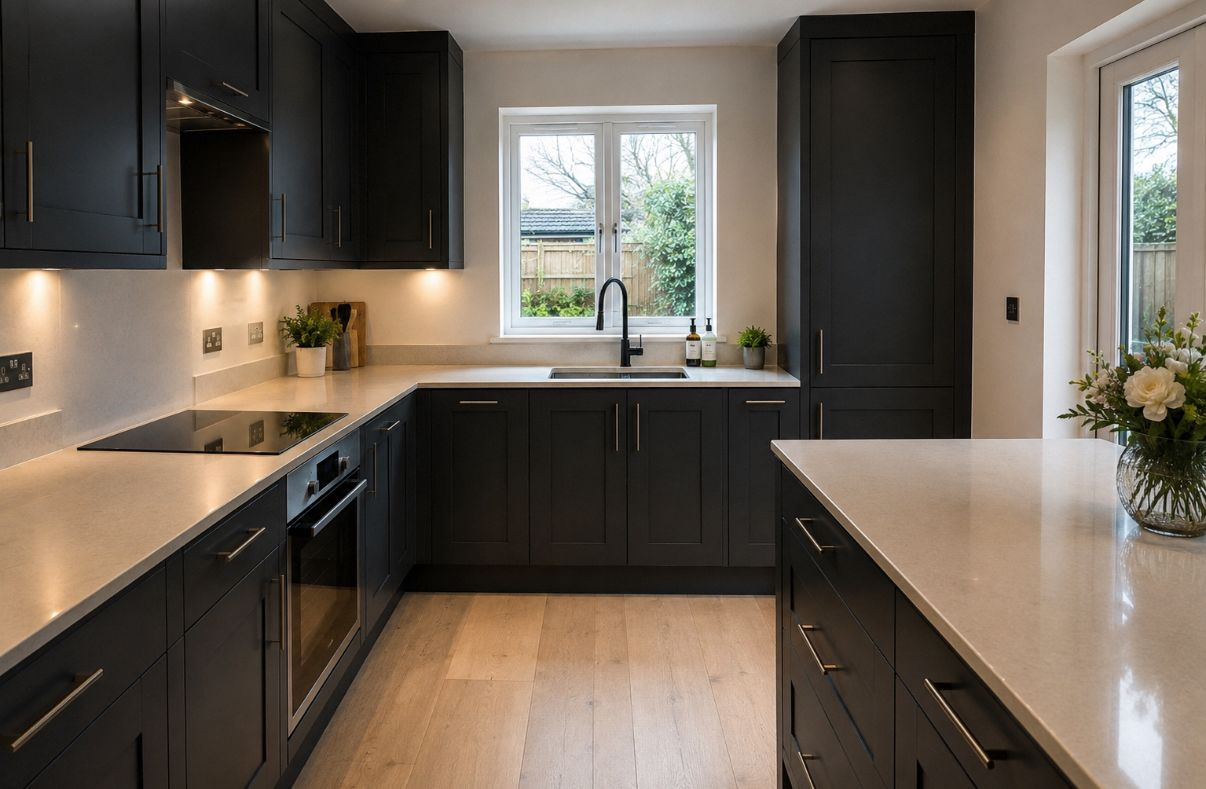 Completed kitchen renovation with bespoke matte black shaker cabinets, quartz worktops and oak flooring by LEWZ Property Development